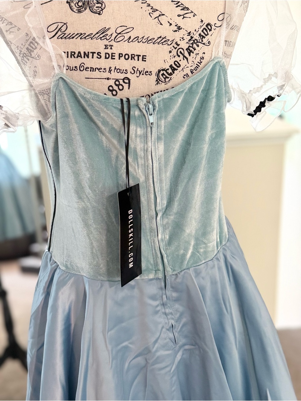 Light Blue Organza Puff Sleeve Corset Dress with Apron - Picture 7 of 10